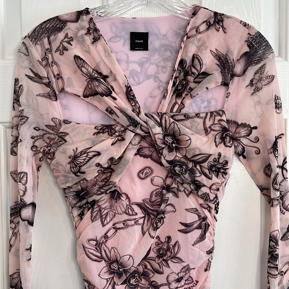 PINKO Slim Fit Tattoo Print Midi Dress ruched mesh long sleeve pink black small - Picture 8 of 13